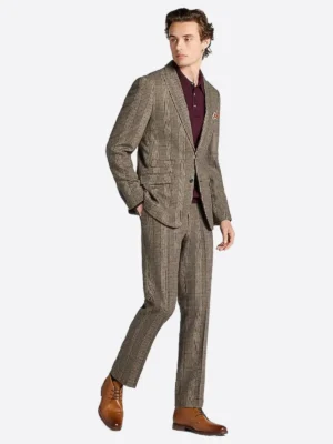SuitsHeritage Men’s Brown Plaid Slim Fit 2 Piece Suit