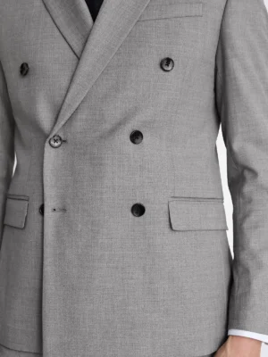 Men's Plaid Grey Double Breasted Two Piece Suit Close