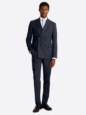 Men's Plaid Grey Double Breasted Two Piece Suit Dark Navy