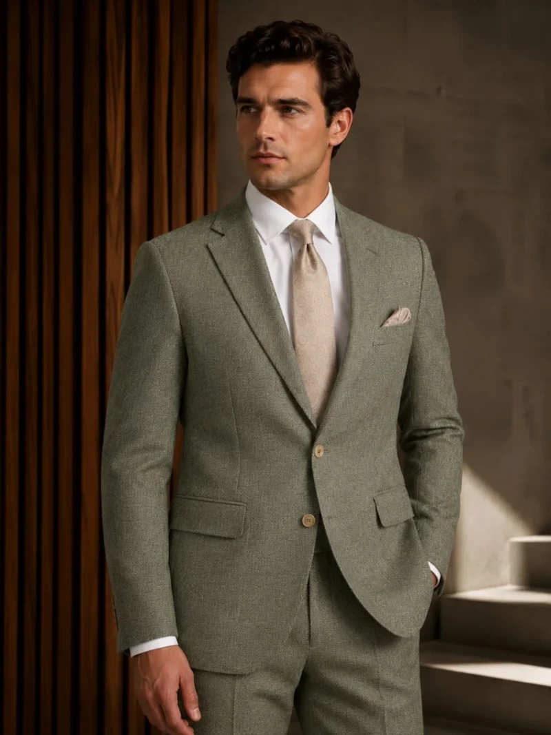 Oakmere Linen Herringbone Green Suit Model