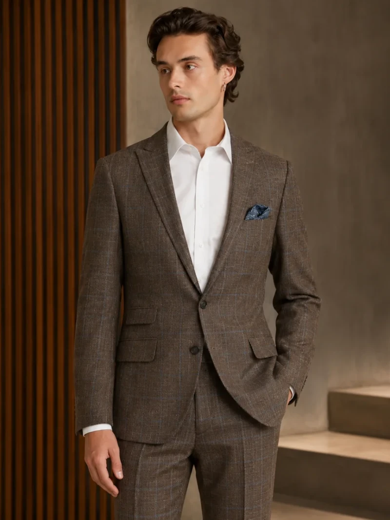Oakmere Linen Plaid Brown Suit Model