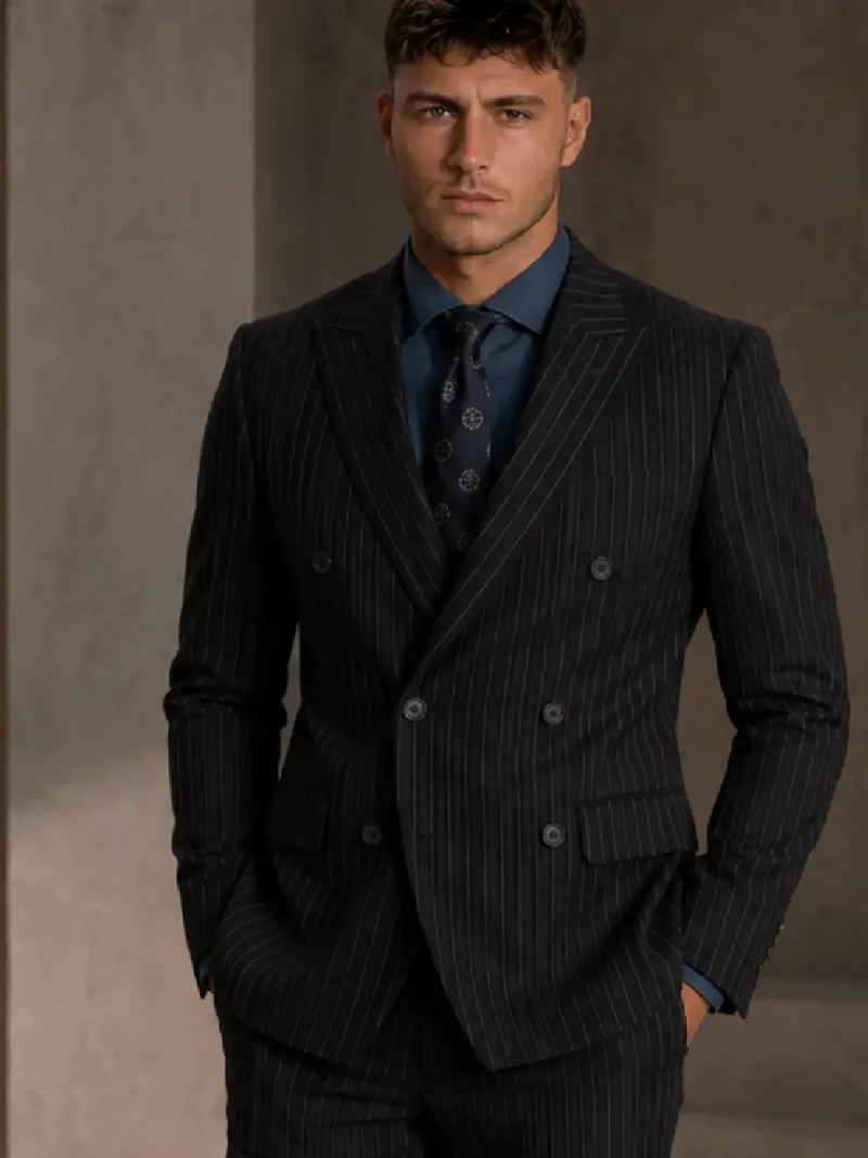 Brighton Cotton Pinstripe Black Suit Model
