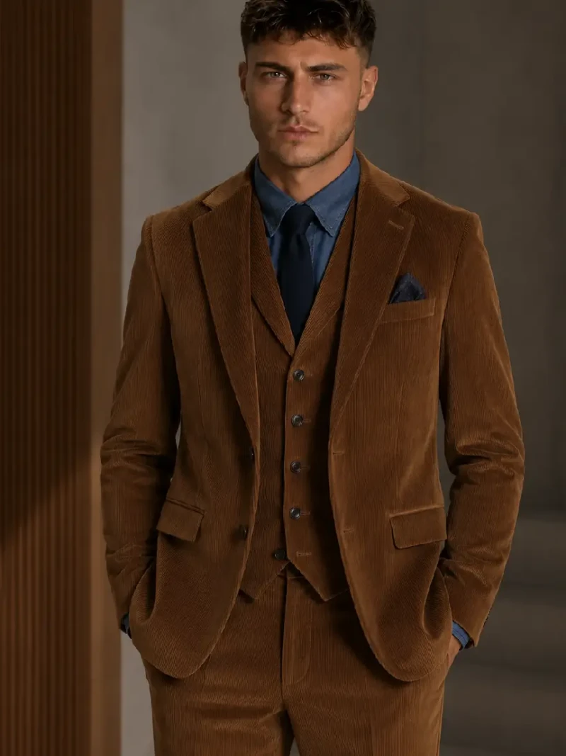 Bromley Corduroy Solid Brown Suit Model