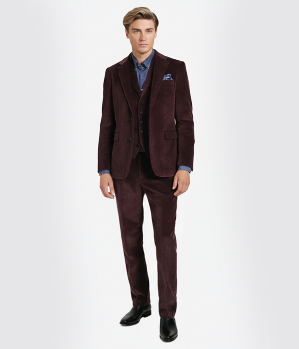 Bromley Corduroy Solid Burgundy Suit Front