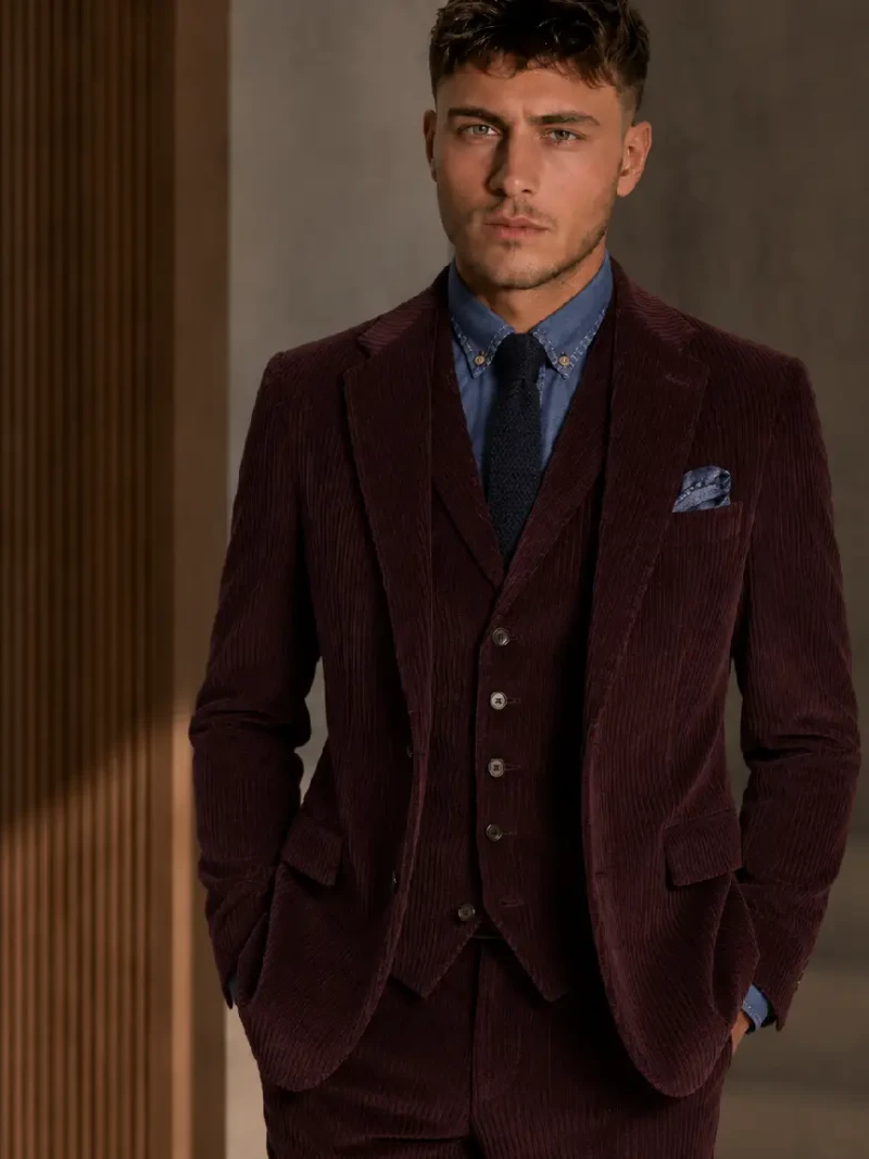 Bromley Corduroy Solid Burgundy Suit Model
