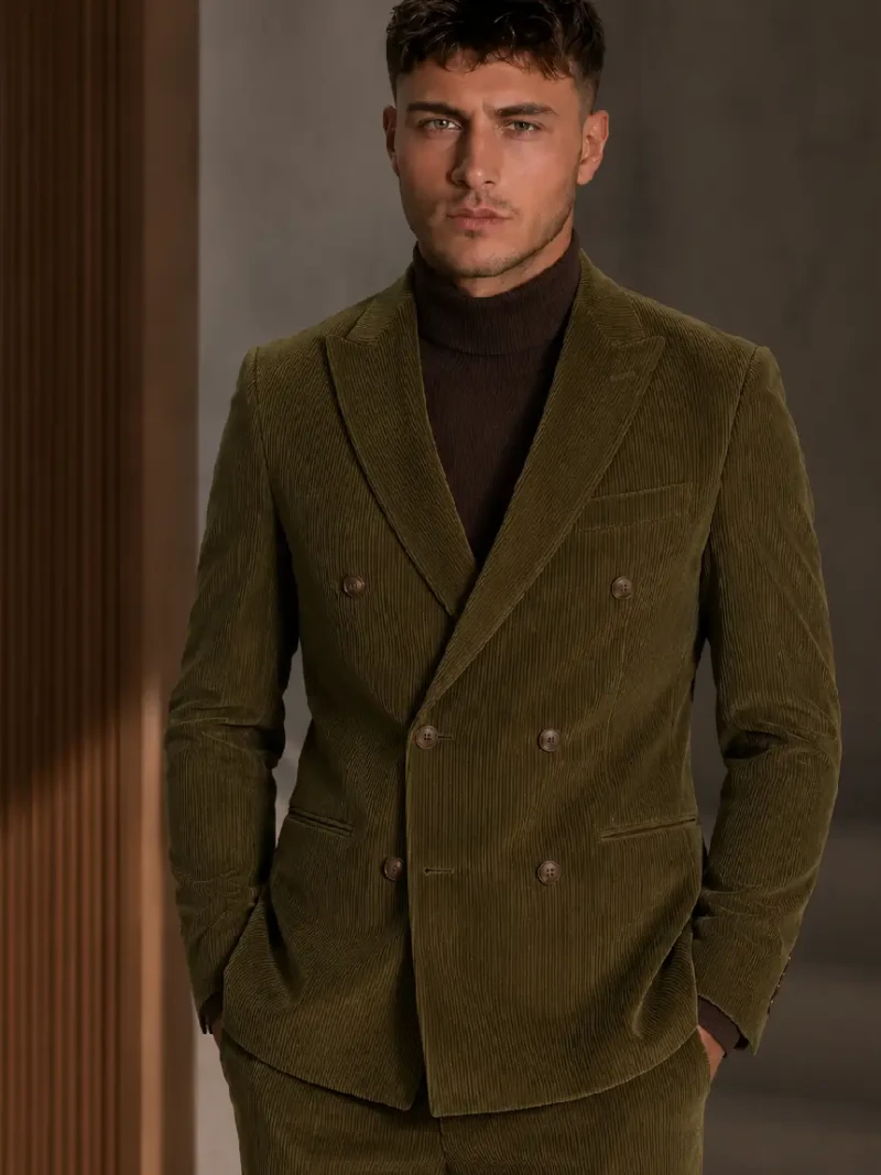 Bromley Corduroy Solid Olive Suit Model