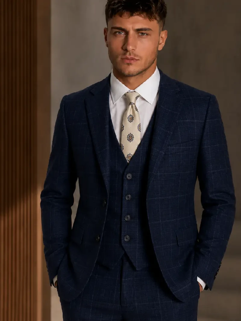 Eastford Polyester Plaid Dark Navy Suit Model