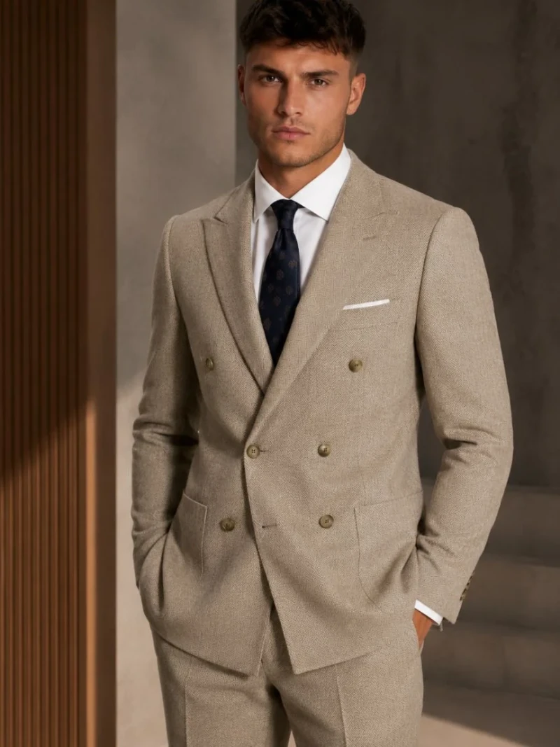 Harrington Herringbone Wool Beige Suit Model