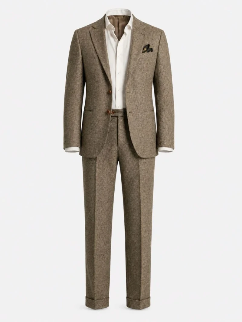 Harrington Herringbone Wool Brown Suit Ghost Mannequin