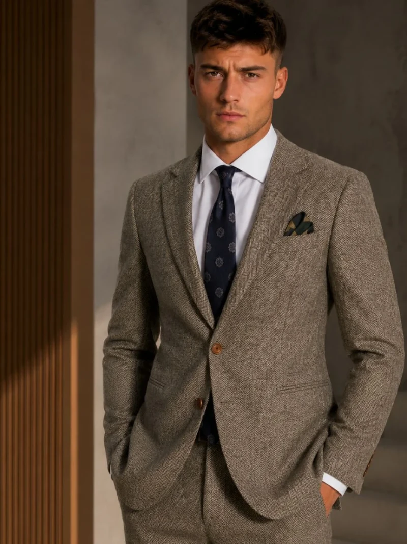 Harrington Herringbone Wool Brown Suit Model