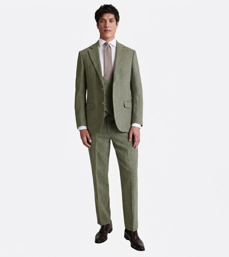 Harrington Wool Herringbone Olive Suit Front