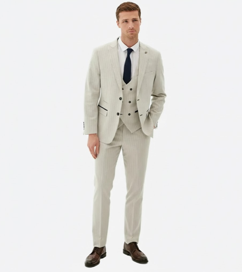 Harrington Wool Pinstripe Cream Suit Front