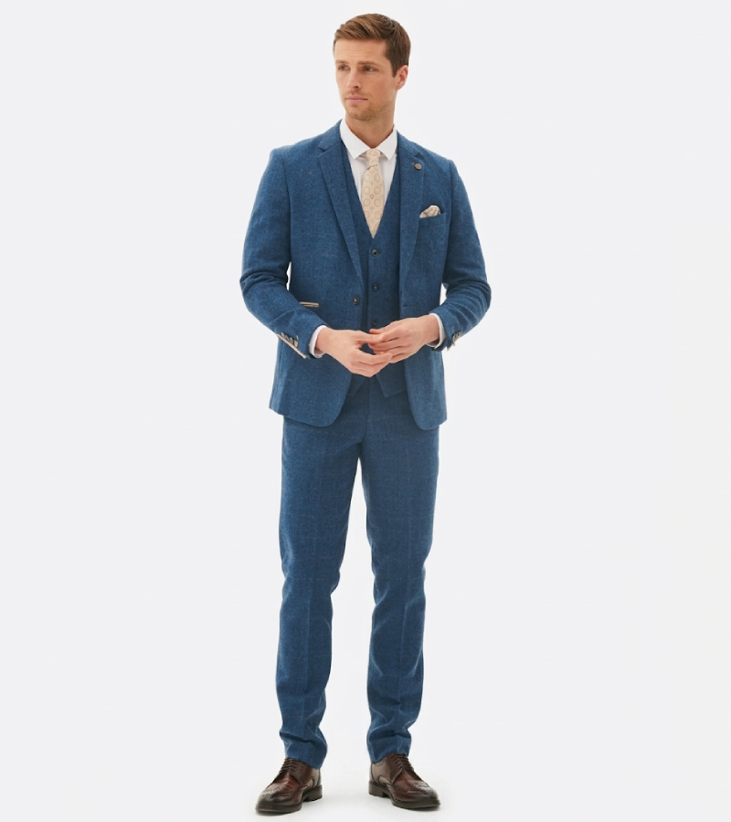 Harrington Wool Plaid Blue Suit Front