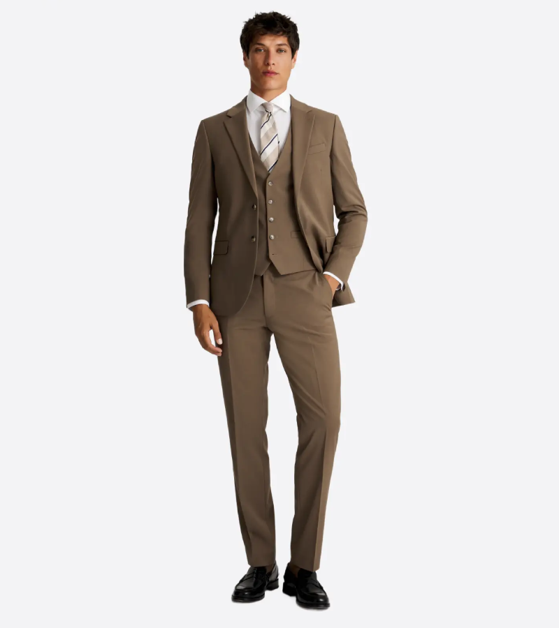 Harrington Wool Plaid Dark Camel Suit Front