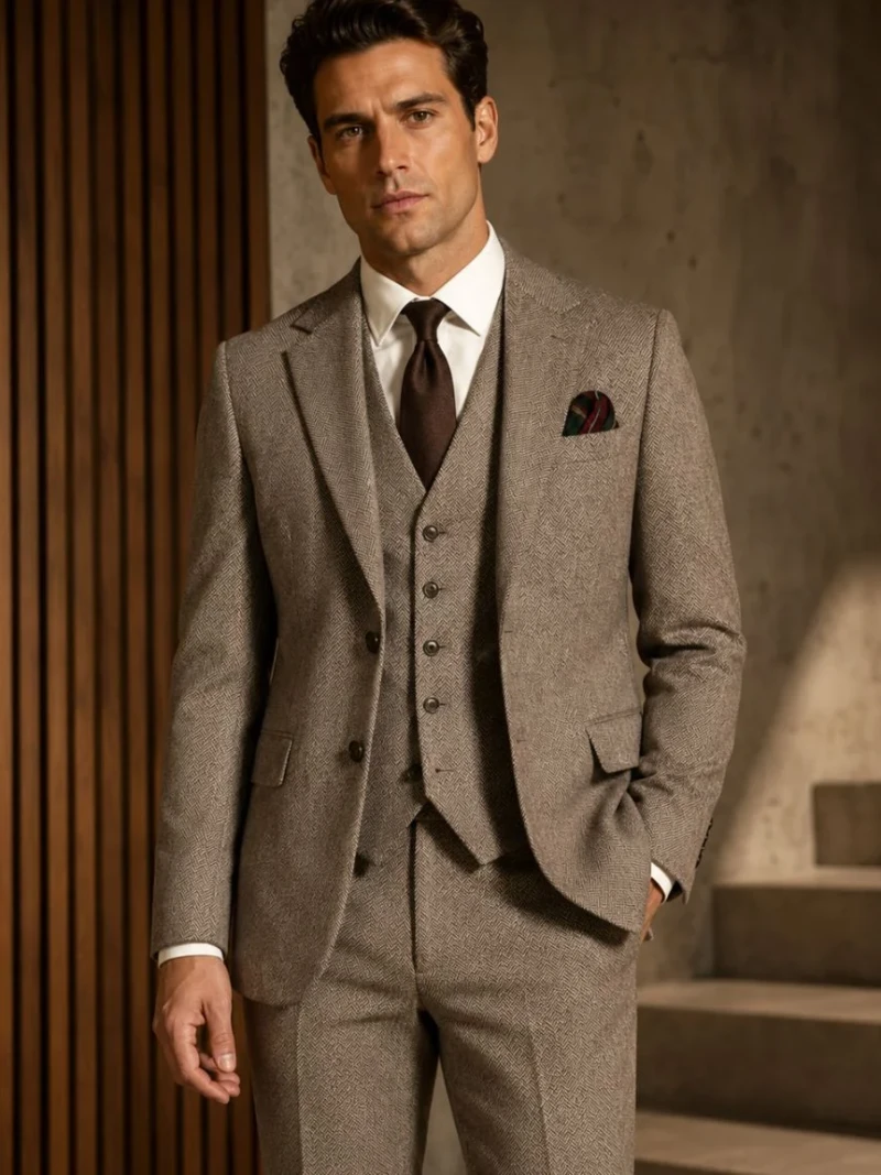 Kingsmere Wool Herringbone Brown Suit Model