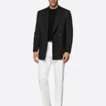 SuitsHeritage Men's Black Herringbone Double Breasted Tailored Fit Blazer