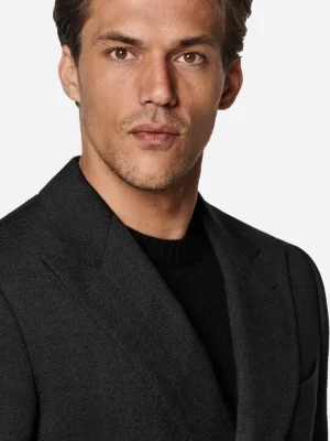 SuitsHeritage Men's Black Herringbone Double Breasted Tailored Fit Blazer Close