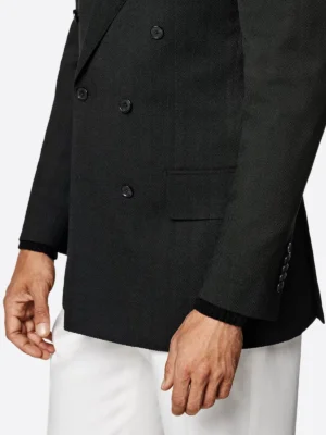 SuitsHeritage Men's Black Herringbone Double Breasted Tailored Fit Blazer Sleeves