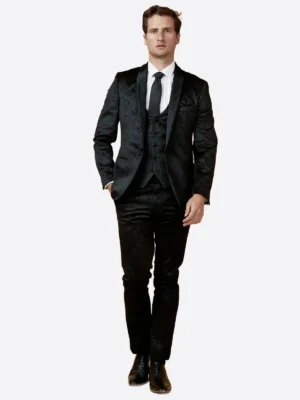 SuitsHeritage Men's Jacquard Black Regular Fit 3 Piece Suit