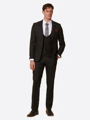 SuitsHeritage Men's Black Solid Relaxed Fit 3 Piece Suit