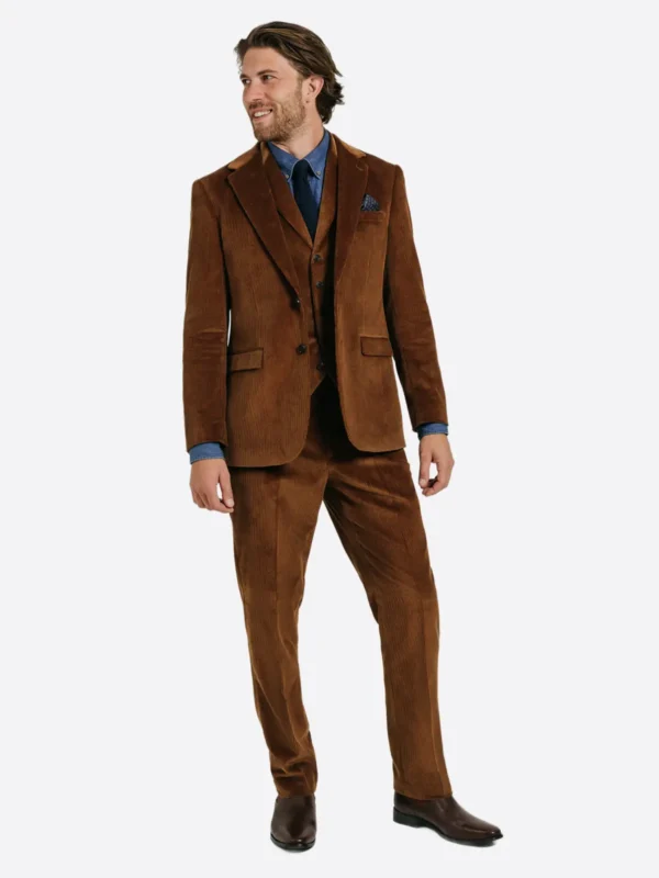 SuitsHeritage Men's Brown Corduroy Regular Fit 3 Piece Suit