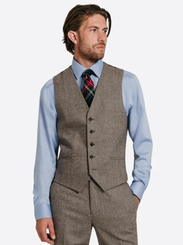 SuitsHeritage Men's Brown Herringbone Relaxed Fit 3 Piece Suit Vest