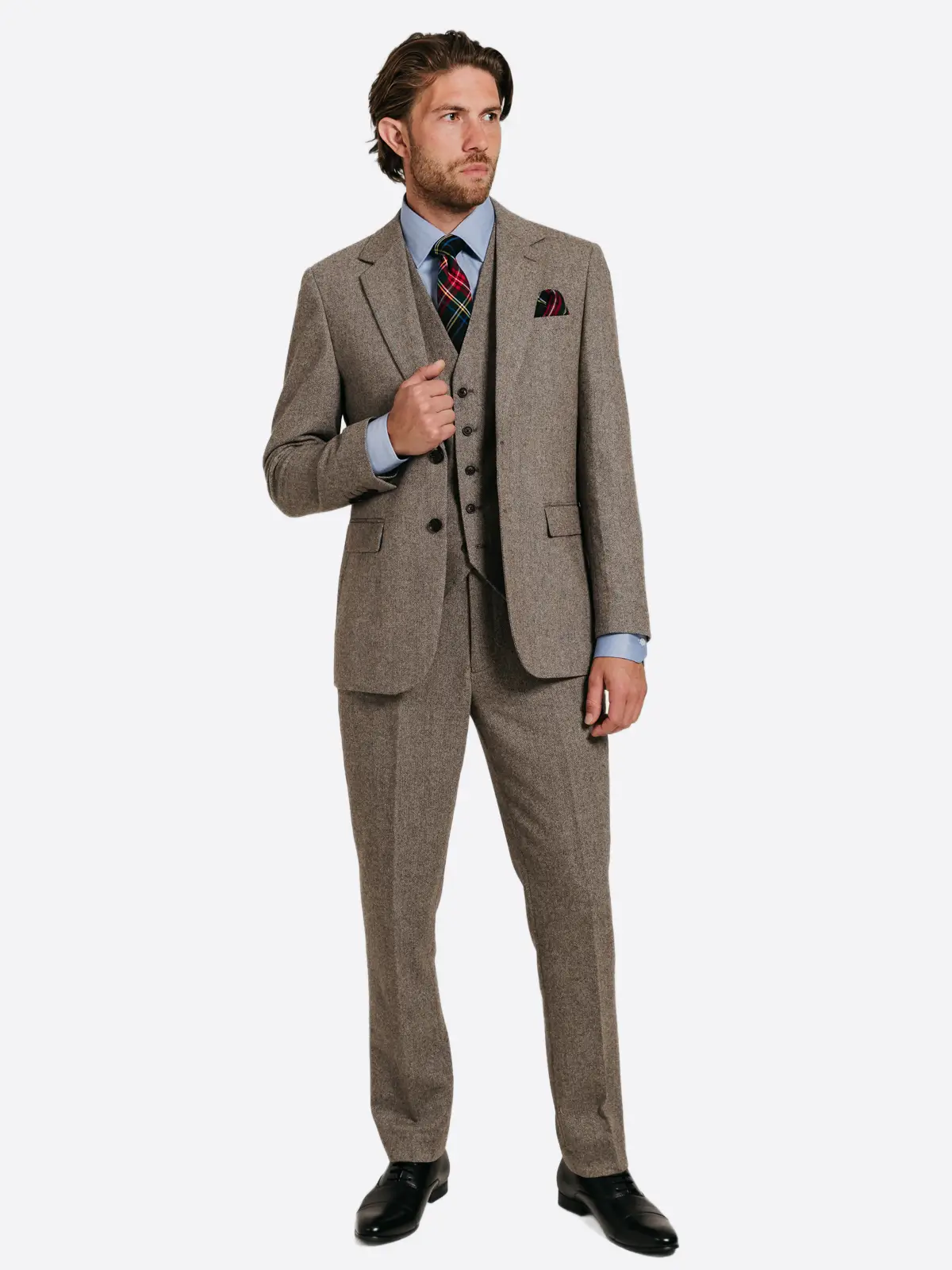 SuitsHeritage Men's Brown Herringbone Relaxed Fit 3 Piece Suit