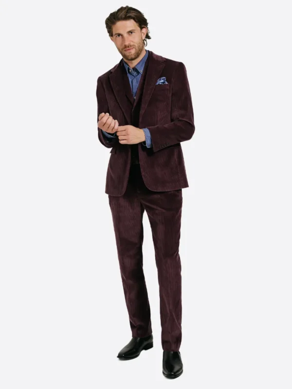 SuitsHeritage Men's Burgundy Corduroy Relaxed Fit 3 Piece Suit