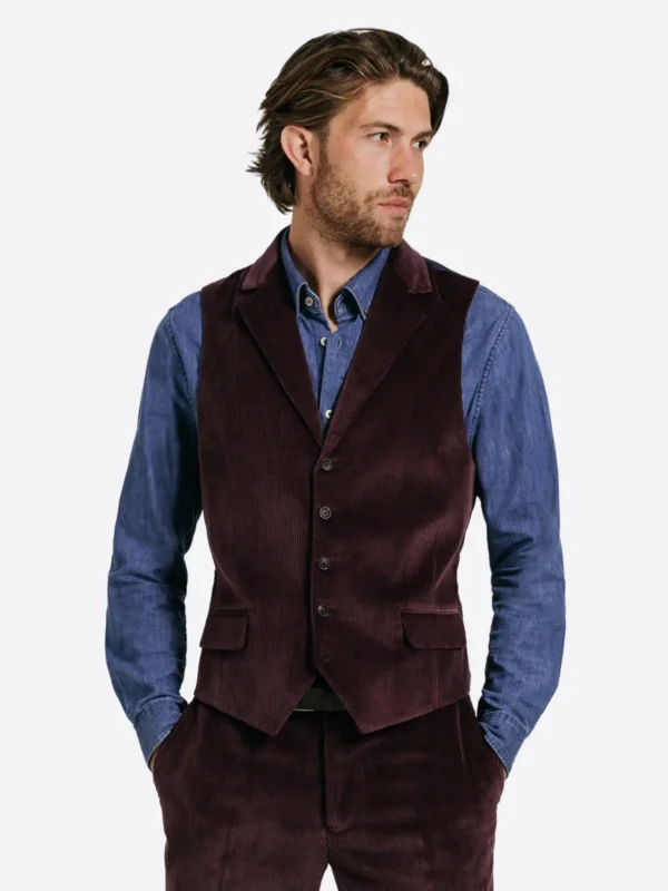 SuitsHeritage Men's Burgundy Corduroy Relaxed Fit 3 Piece Suit Vest