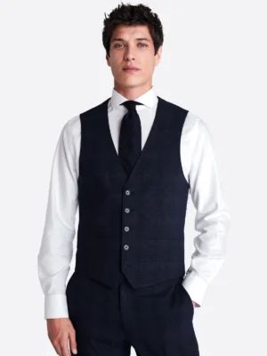 SuitsHeritage Men's Navy Check Slim Fit 3 Piece Suits Vest
