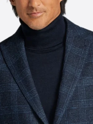 SuitsHeritage Men's Plaid Dark Blue Slim Fit Sport Coat Collar