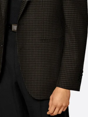 SuitsHeritage Men’s Dark Brown Houndstooth Tailored Fit Blazer Close