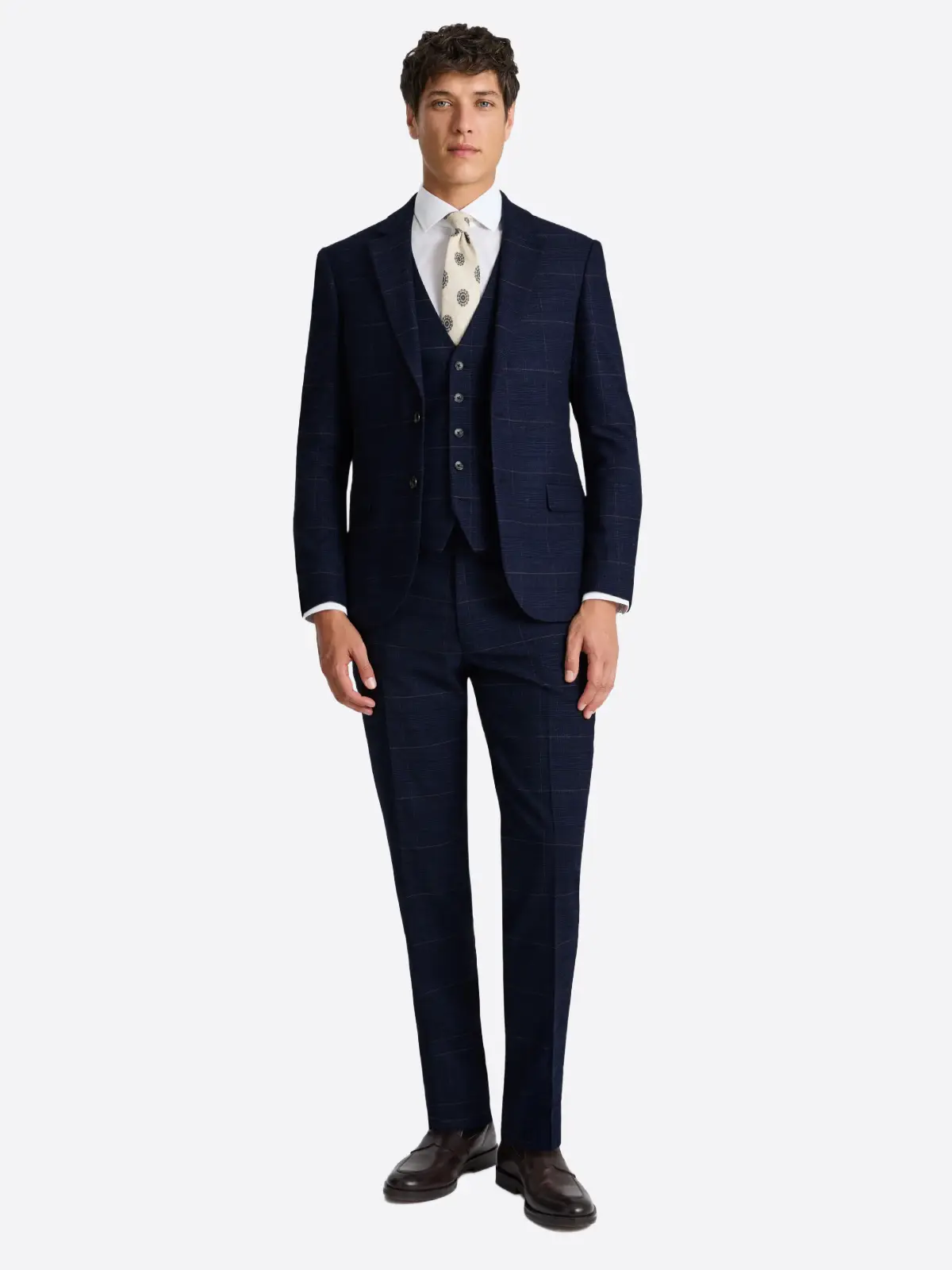 SuitsHeritage Men's Dark Navy Plaid Slim Fit 3 Piece Suits