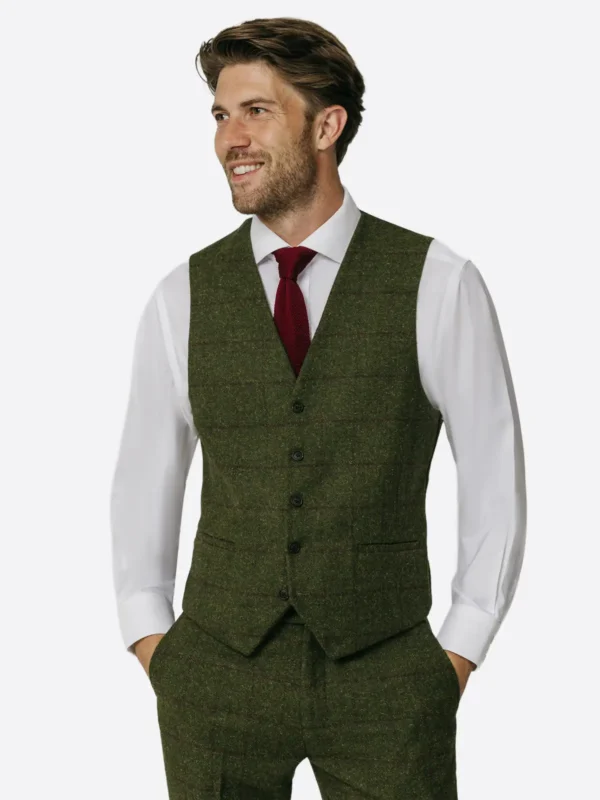 SuitsHeritage Men's Check Green Double Breasted Regular Fit 3 Piece Suit Vest