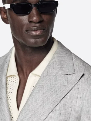 SuitsHeritage Men's Light Grey Herringbone Tailored Fit Blazer Collar