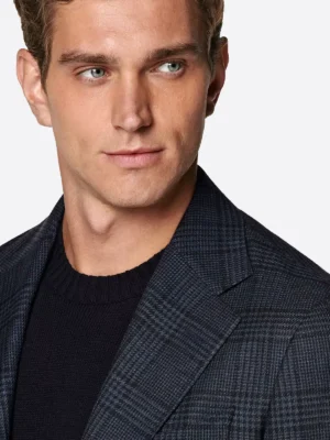 SuitsHeritage Men's Navy Check Tailored Fit Blazer Collar