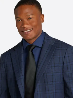 SuitsHeritage Men's Plaid Navy Slim Fit Sport Coat Collar