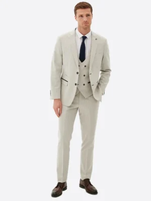Men's Off White Pinstriped Single Breasted Three Piece Suit