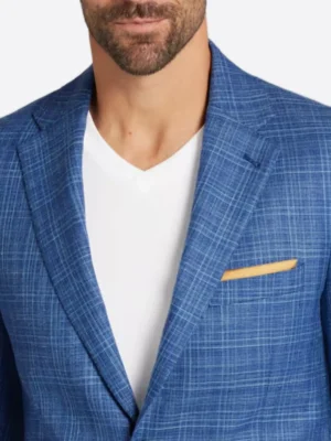 SuitsHeritage Men's Plaid Blue Slim Fit Sport Coat Collar