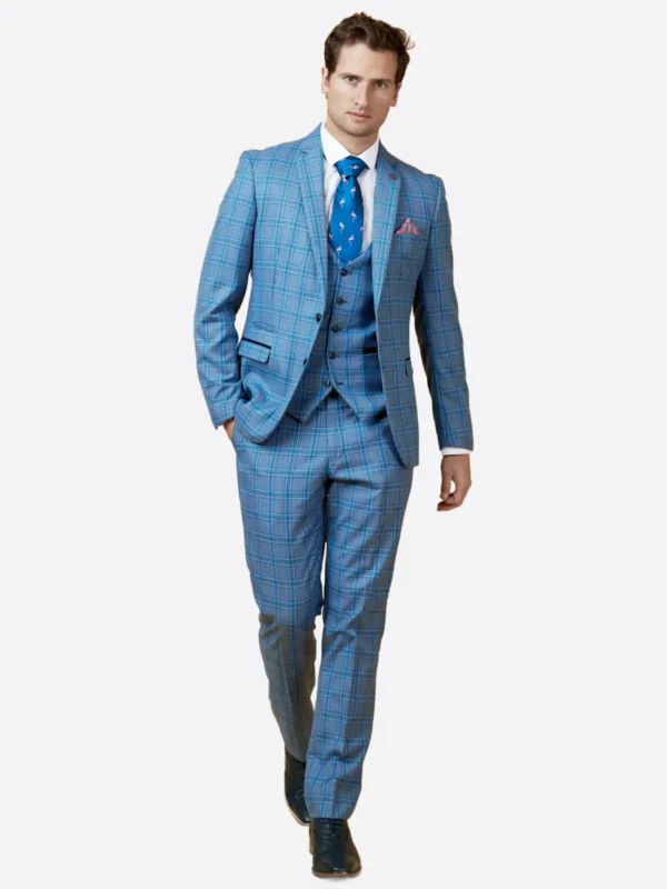 SuitsHeritage Men's Sky Blue Check Relaxed Fit 3 Piece Suit