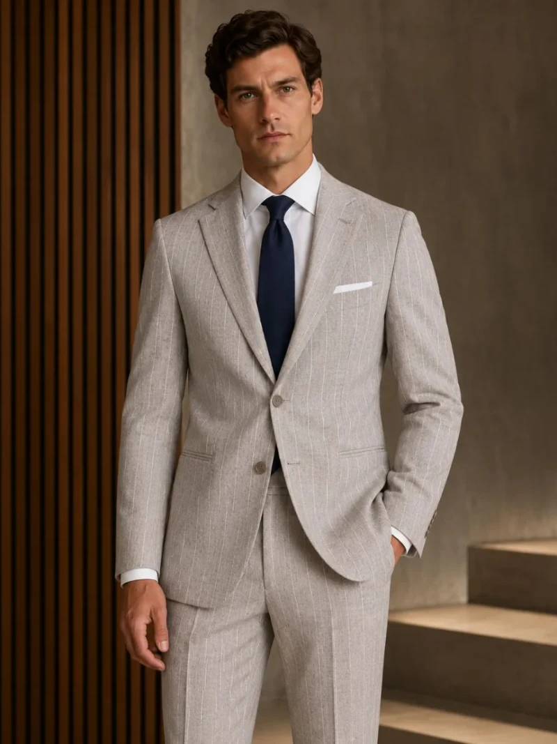 Oakmere Linen Pinstripe Grey Suit Model