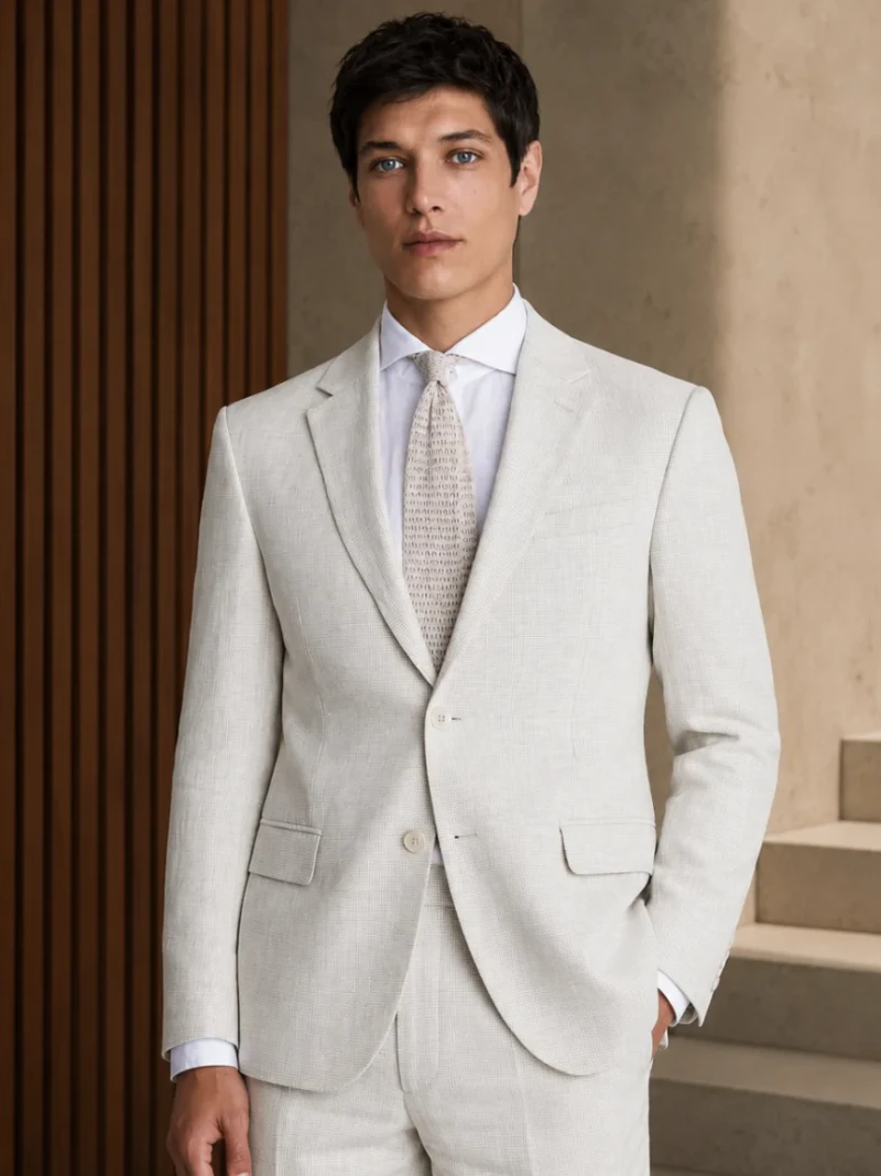 Oakmere Linen Puppytooth Off White Suit Model
