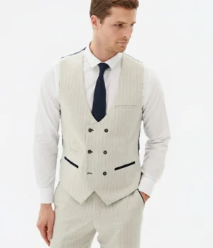 Suit Heritage Men's Pinstriped Off White Regular Fit 3 Piece Suit Close