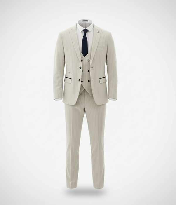 Suit Heritage Men's Pinstriped Off White Regular Fit 3 Piece Suit Front