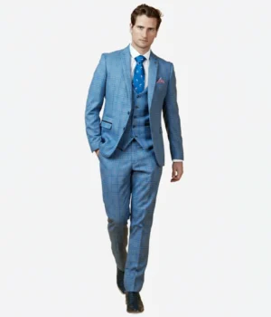 Suit Heritage Men’s Sky Blue Check Relaxed Fit 3 Piece Suit Front
