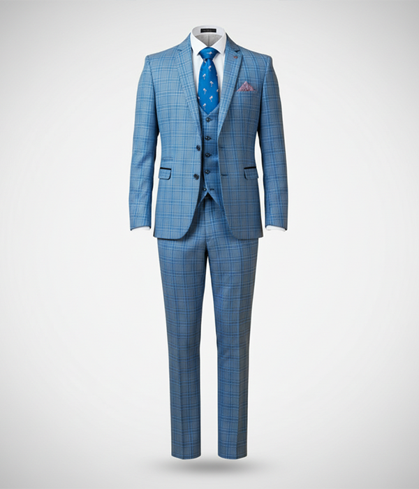 Suit Heritage Men’s Sky Blue Check Relaxed Fit 3 Piece Suit