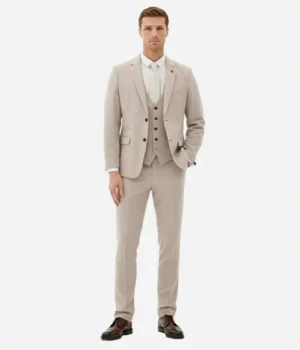 Suit Heritage Men's Solid Beige Regular Fit 3 Piece Suit Front