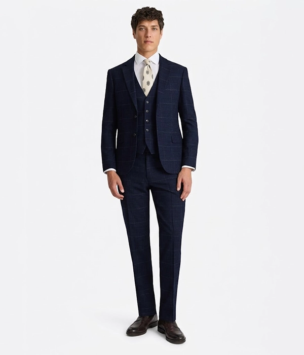 Suits Heritage Men's Dark Navy Plaid Slim Fit 3 Piece Suits Front