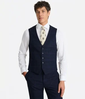 Suits Heritage Men's Dark Navy Plaid Slim Fit 3 Piece Suits Vest