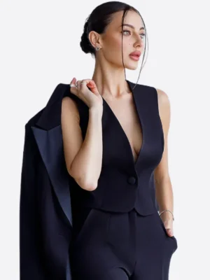 SuitsHeritage Women’s Black Solid Regular Fit 3 Piece Suit Vest